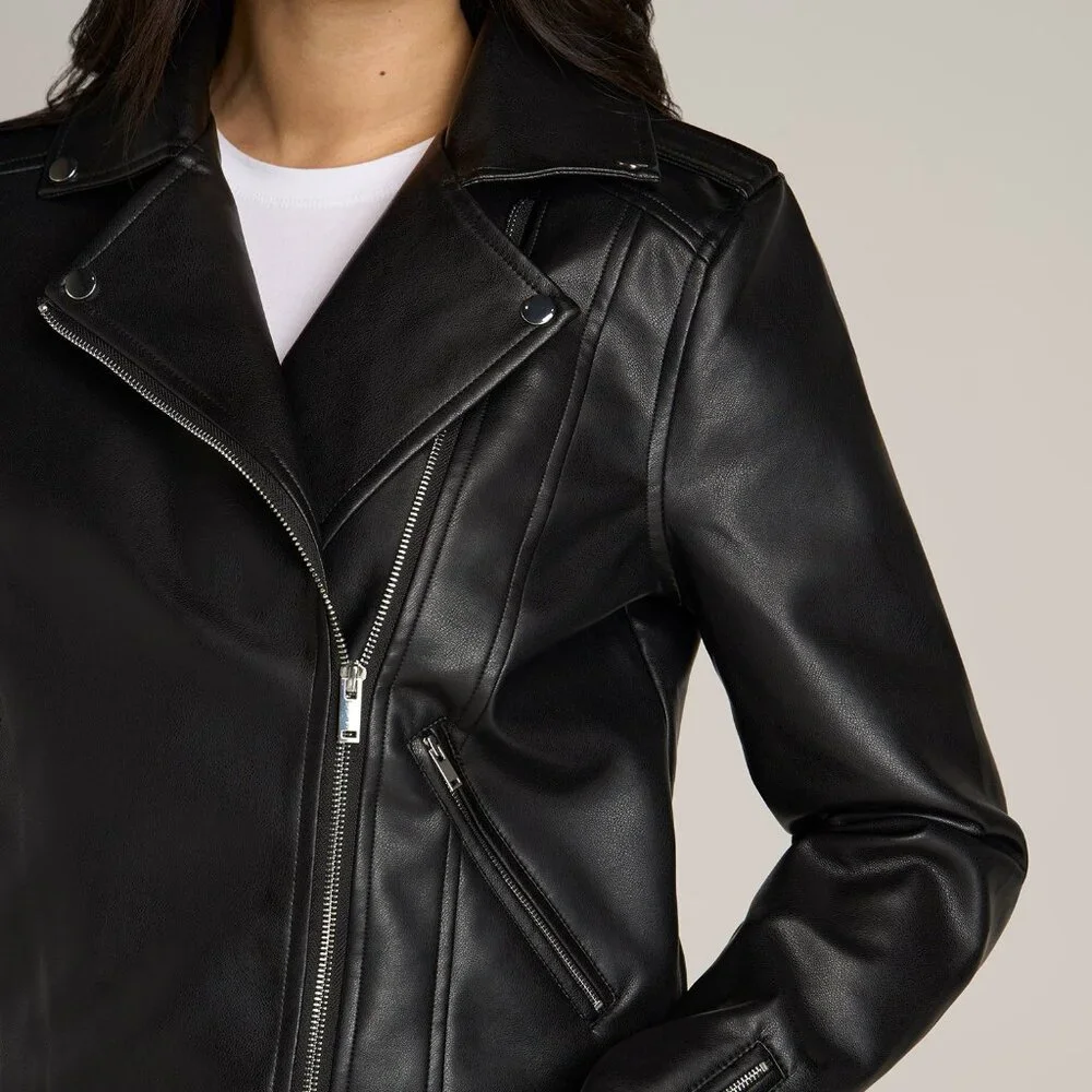 American Tall Cropped True Touch Leather Moto Jacket for Tall Women in Black Siz - Picture 2 of 4